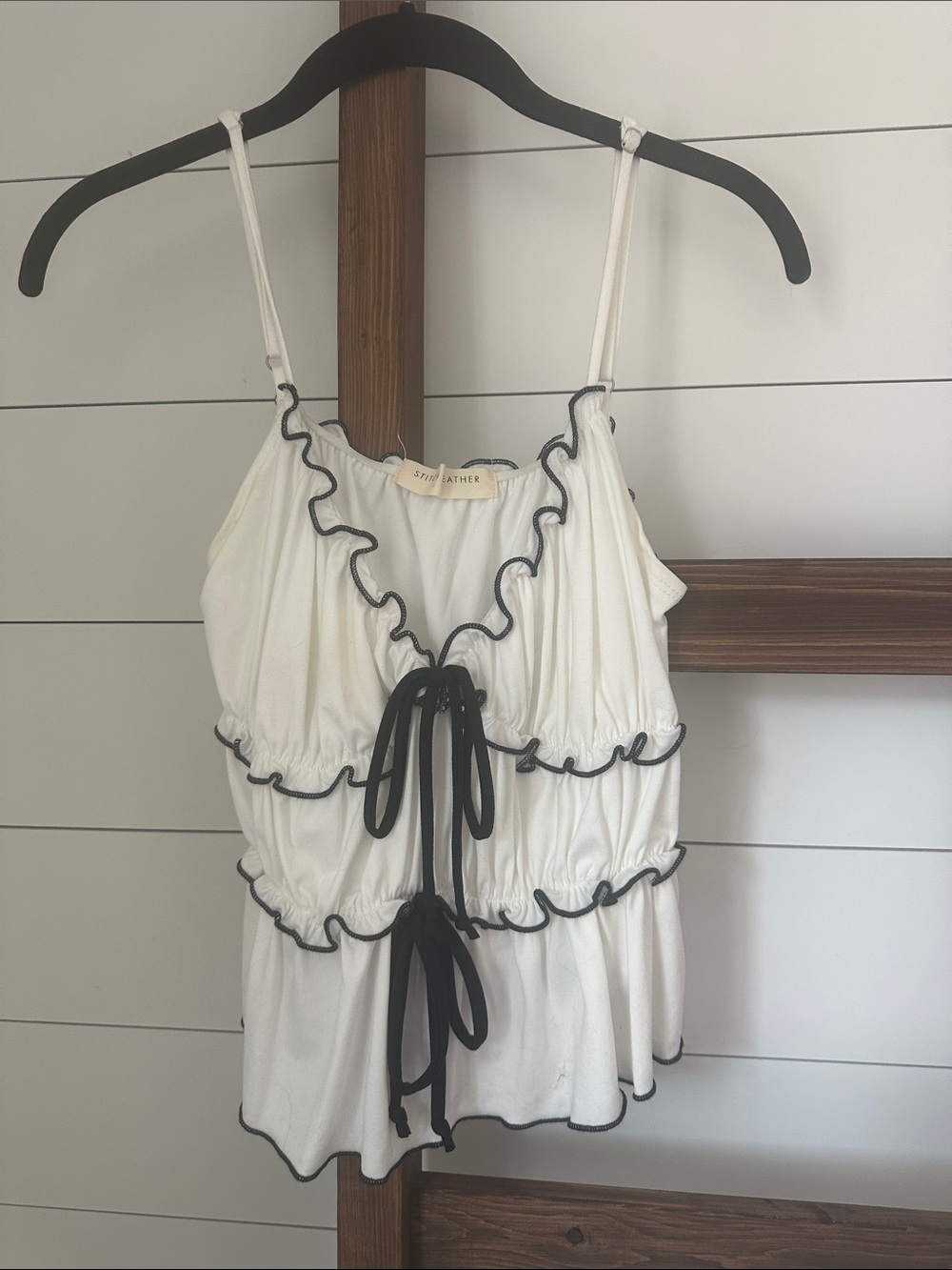 Stitch and Feather White Cami with Black Ruffle Trim and Ties EUC